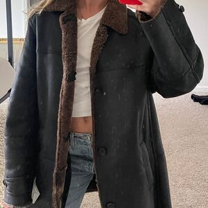 Vintage Andrew Marc Shearling‎ Leather Button-Front Long-Line Coat